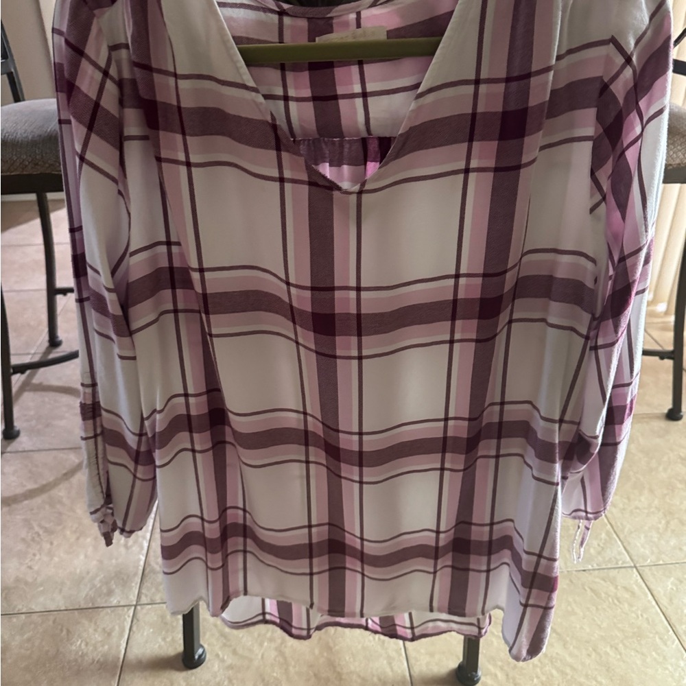 Cooper & Ella Plaid V-Neck Blouse - Purple and White